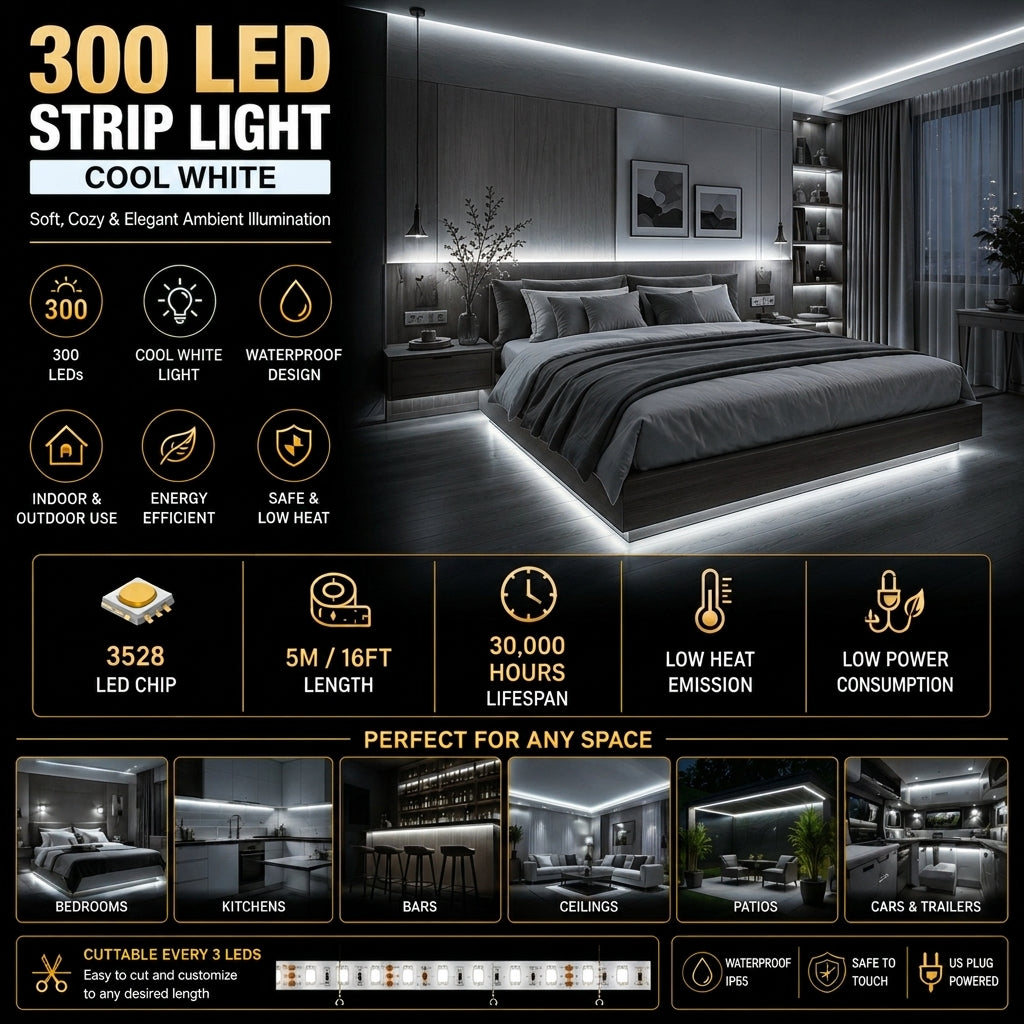 Waterproof LED Strip Light, 16 ft (White)